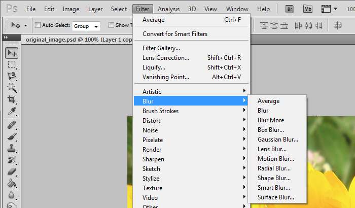 Blur Effects menu in Photoshop